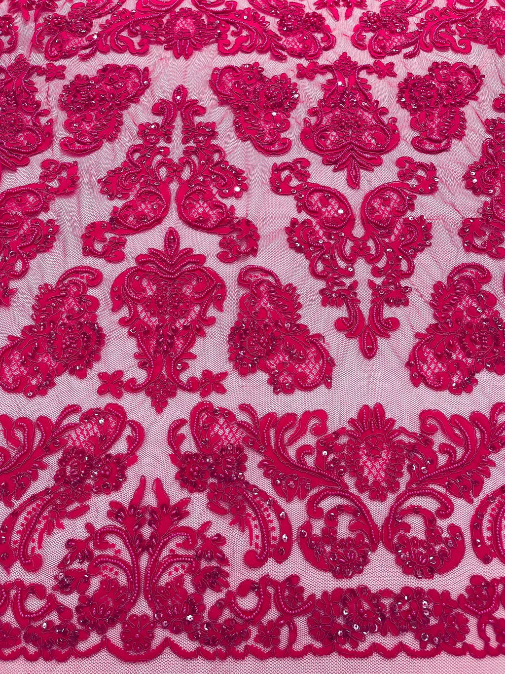 Beaded My Lady Damask Design - Fuchsia - Beaded Fancy Damask Embroidered Fabric By Yard