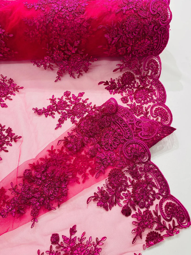 Floral Lace Flower Fabric - Fuchsia - Floral Embroidered Fabric with Sequins on Lace By Yard