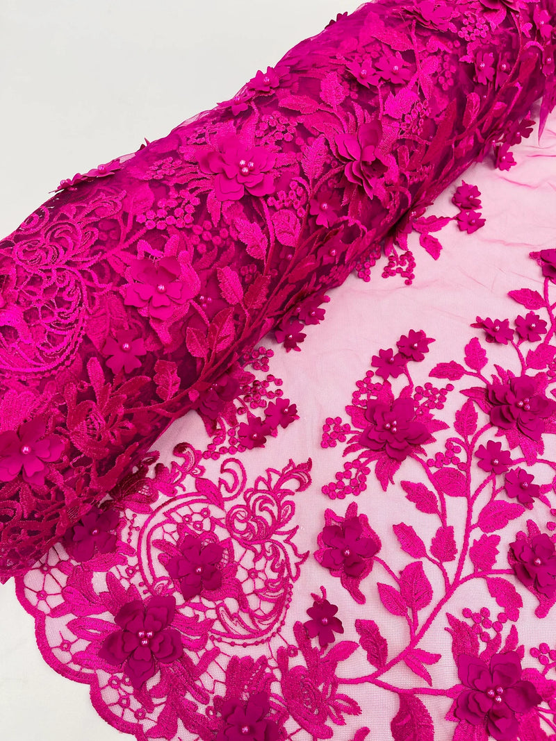 Flower 3D Fabric - Fuchsia - Embroided Fabric Flower Pearls and Leaf Decor Sold by The Yard
