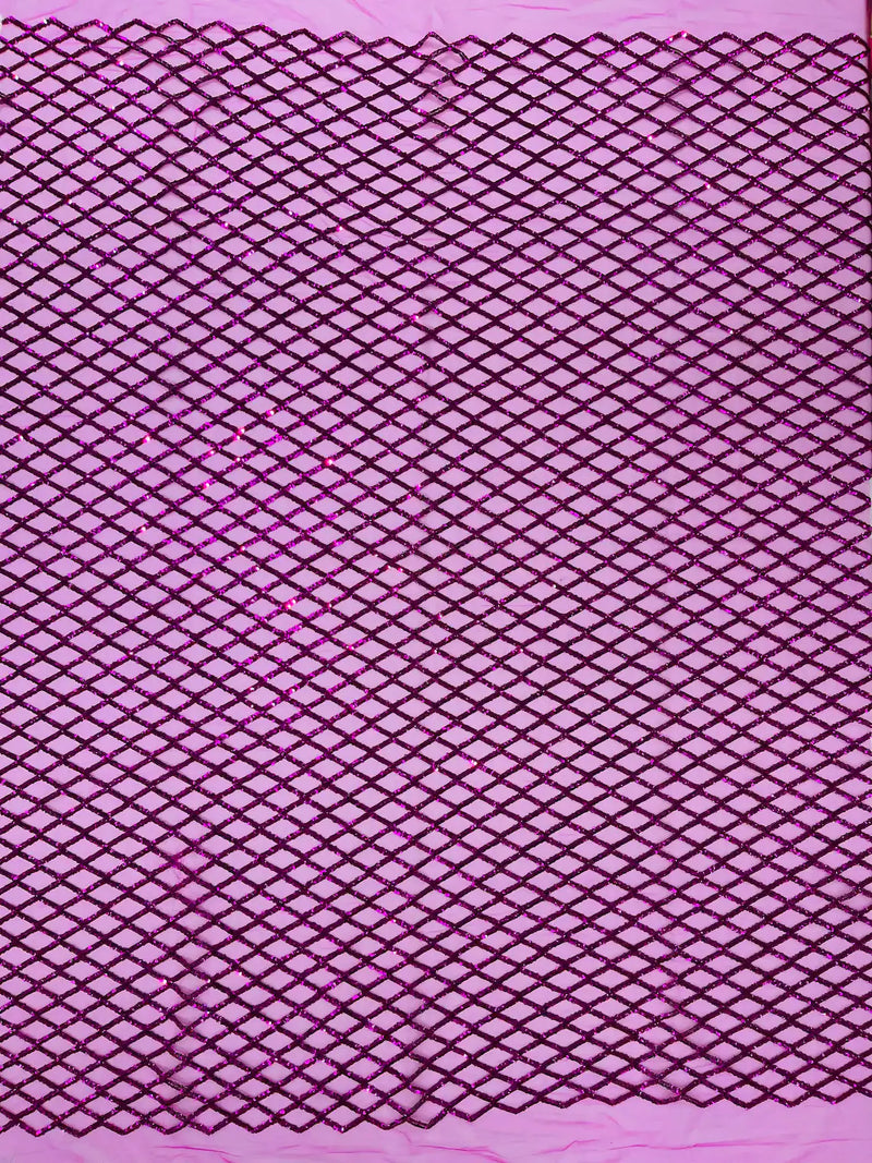 Diamond Sequins Fabric - Fuchsia - Diamond Geometric Net Design on Mesh Lace Fabric By Yard