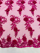 3D Flower Cluster Fabric - Fuchsia - 3D Flower Leaf Design Fabric with Pearls Sold By Yard