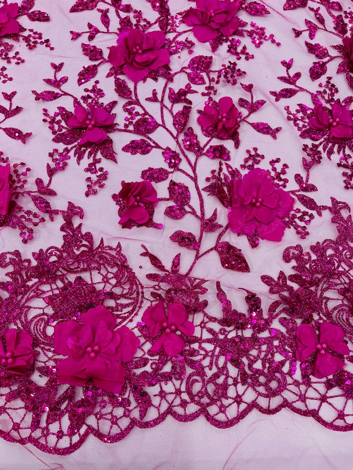 3D Big Flower Glitter Fabric - Fuchsia - Floral Glitter Sequin Design on Lace Mesh Fabric by Yard