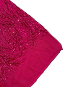 Leaf Design Stretch Sequins - Fuchsia - 4 Way Stretch Lace Mesh Sequins Fabric by Yard