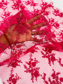 Embroidered Corded Lace Fabric - Fuchsia - Cluster Fancy Flower Embroidered Lace Fabric By Yard