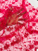 Embroidered Flower Fabric - Fuchsia - Floral Design Scalloped Border Fabric By Yard