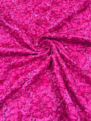 Satin Rosette Sequins Fabric - Fuchsia - 3D Rosette Satin Rose Fabric with Sequins By Yard