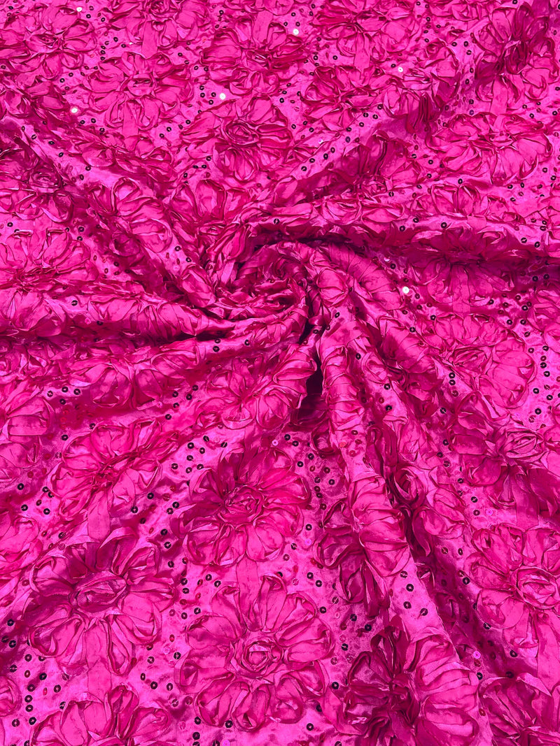 Satin Rosette Sequins Fabric - Fuchsia - 3D Rosette Satin Rose Fabric with Sequins By Yard