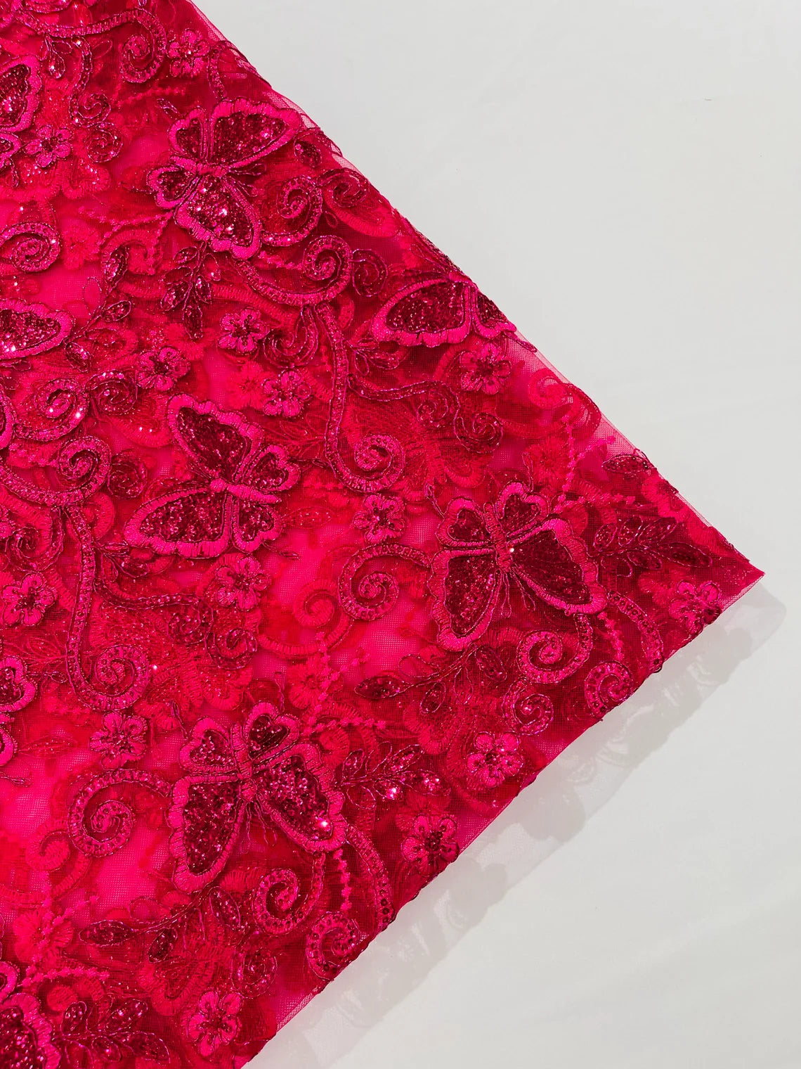Butterfly Swirl Lace Fabric - Fuchsia - Metallic Sequins Design on Lace Fabric By Yard