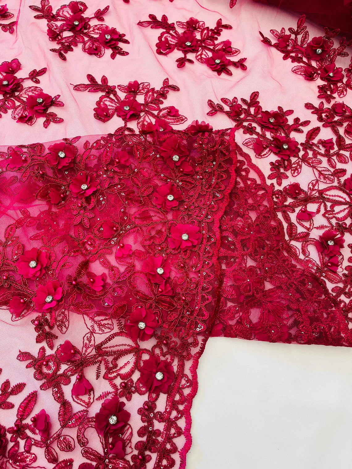 3D Embroidered Floral Fabric - Fuchsia - 3D Rhinestone and Sequins Floral Fabric Sold By Yard