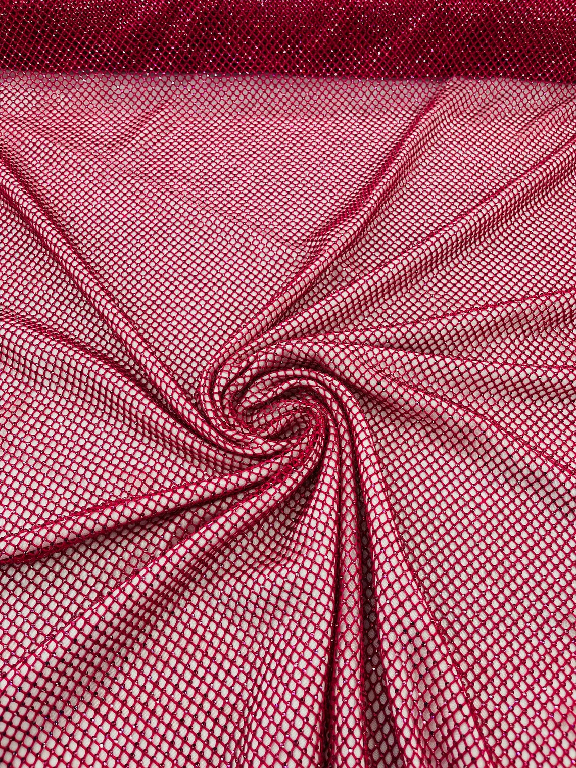 Fish Net Spandex Rhinestone Fabric - Fuchsia - Solid Spandex Fish Net Design Fabric with Rhinestones by Yard