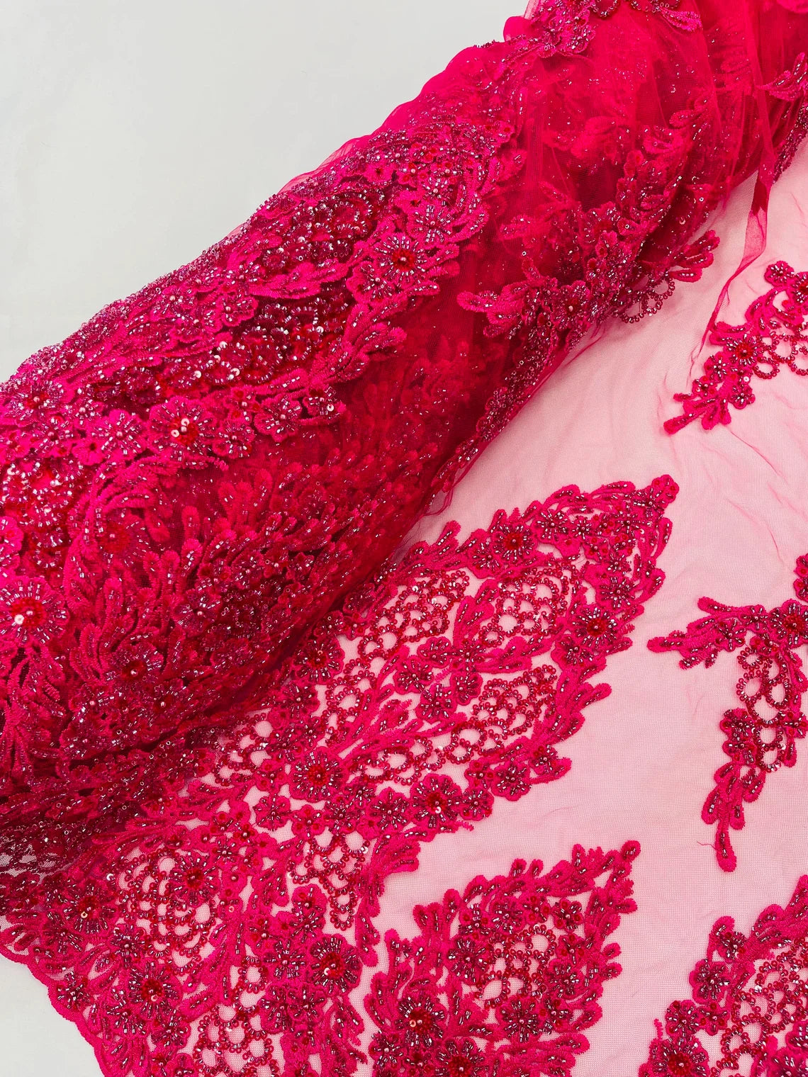 Heavy Bead Floral Fabric - Fuchsia - Beaded Flower Design Fabric Fancy Border By Yard