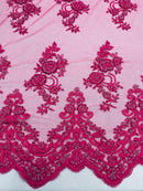 Beaded Floral Fabric - Fuchsia - Embroidered Flower Cluster Beaded Fabric Sold By Yard