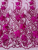 3D Glitter Floral Design Fabric - Fuchsia - Floral Line Design Embroidered Sequins Fabric by Yard