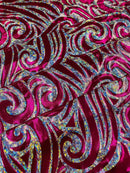 Tribal Swirl Spandex Fabric - Fuchsia - Hologram Metallic 4-Way Stretch Milliskin Fabric by Yard
