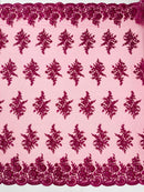Floral Lace Flower Fabric - Fuchsia - Floral Embroidered Fabric with Sequins on Lace By Yard