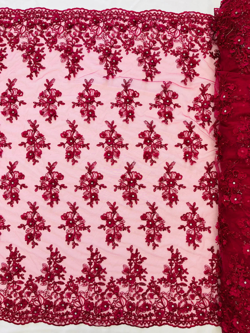 3D Embroidered Floral Fabric - Fuchsia - 3D Rhinestone and Sequins Floral Fabric Sold By Yard