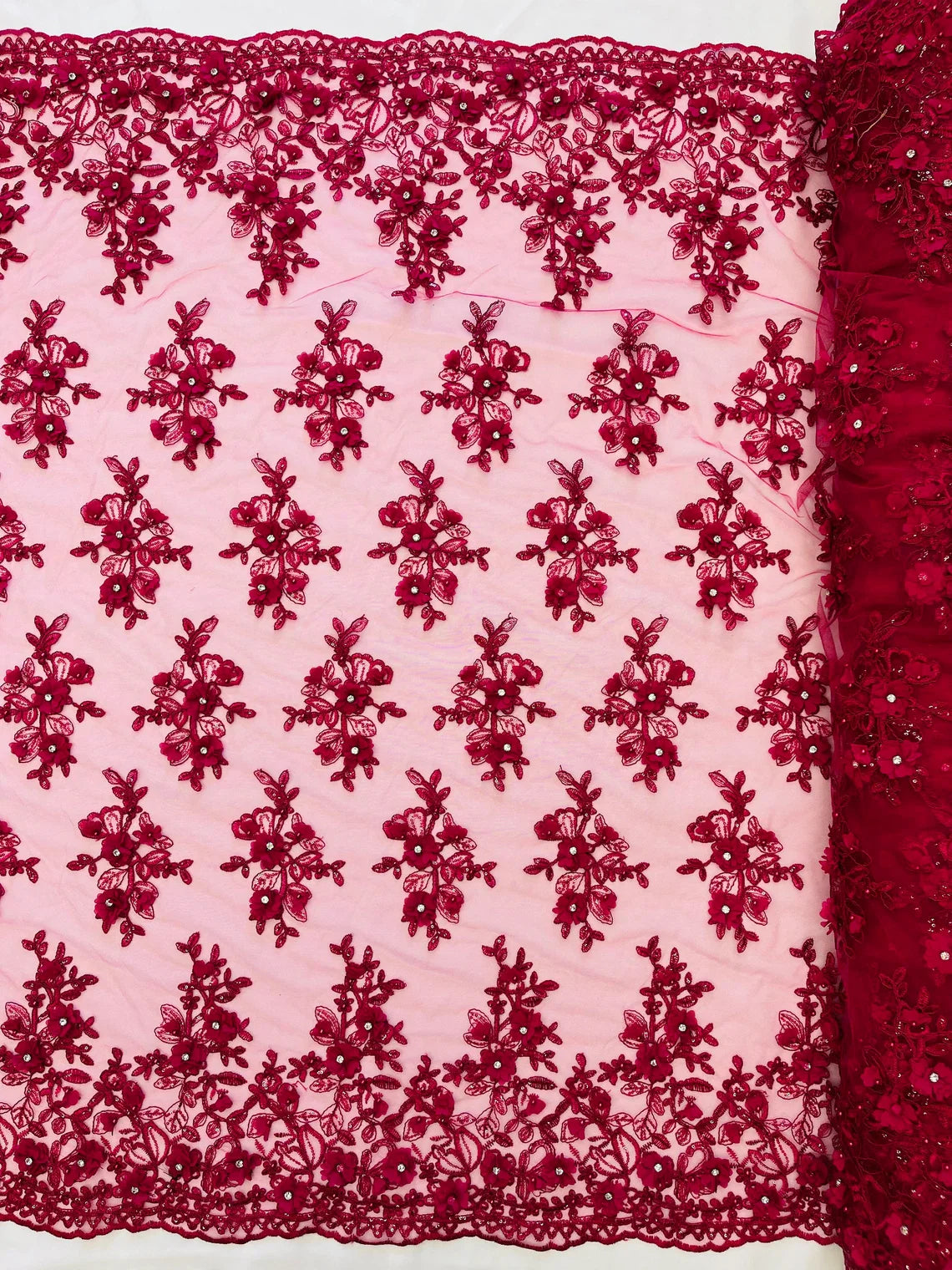 3D Embroidered Floral Fabric - Fuchsia - 3D Rhinestone and Sequins Floral Fabric Sold By Yard