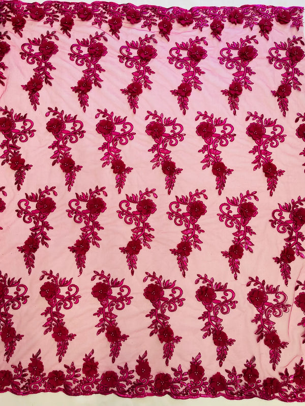 3D Flower Cluster Fabric - Fuchsia - 3D Flower Leaf Design Fabric with Pearls Sold By Yard