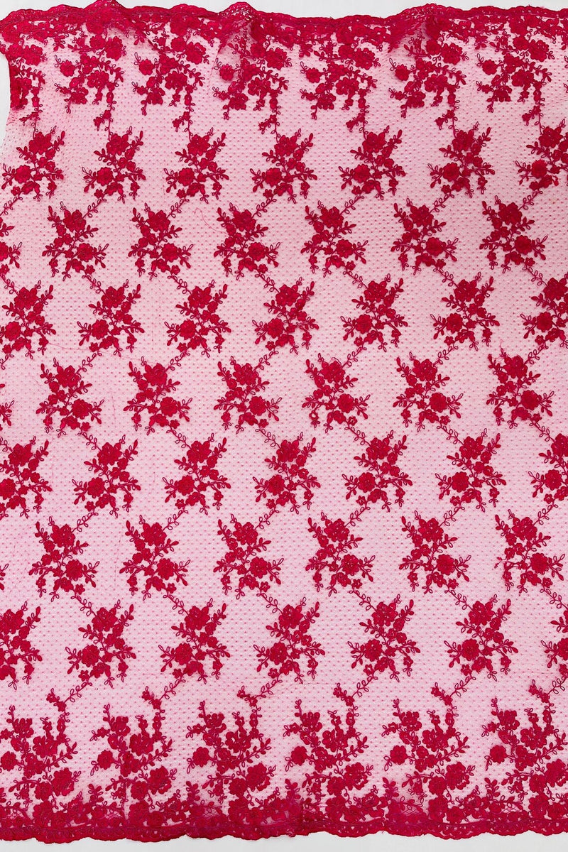 Embroidered Corded Lace Fabric - Fuchsia - Cluster Fancy Flower Embroidered Lace Fabric By Yard