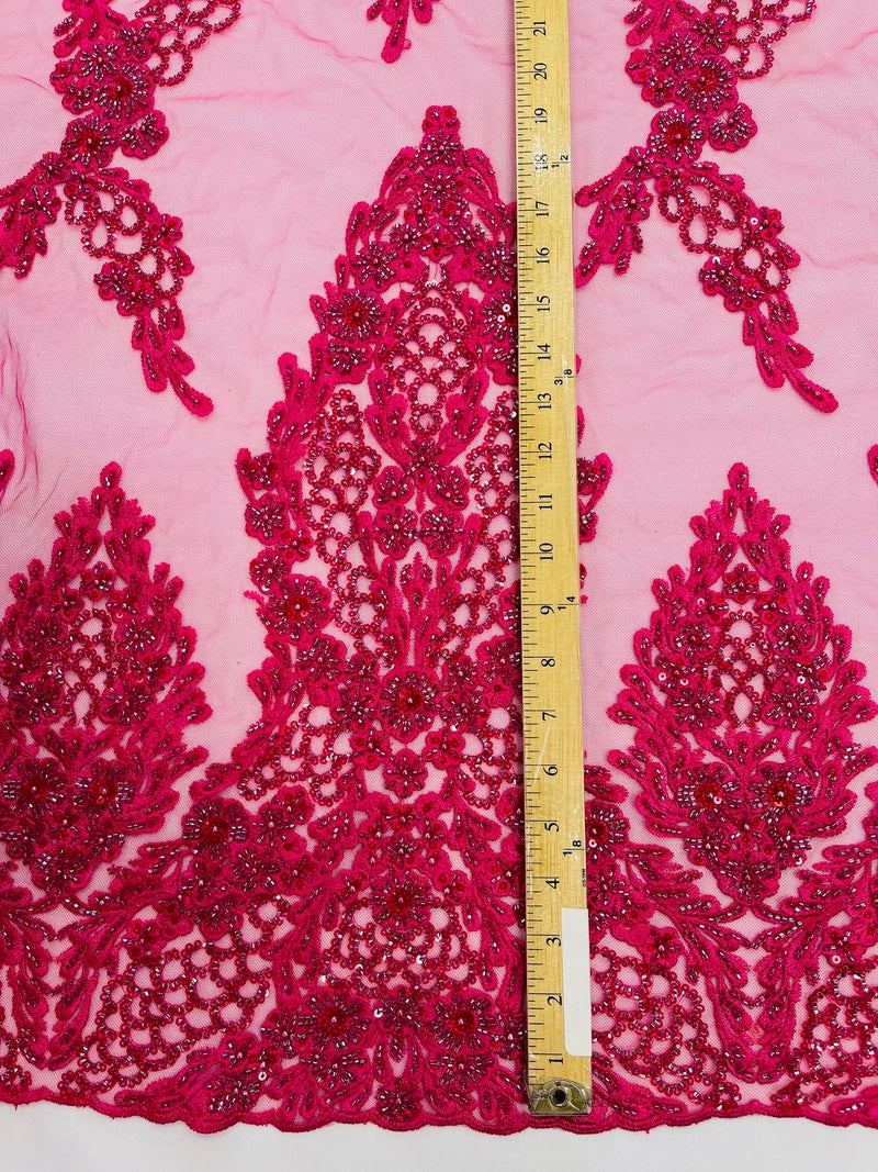 Heavy Bead Floral Fabric - Fuchsia - Beaded Flower Design Fabric Fancy Border By Yard