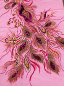 Peacock Feathers Lace Fabric - Fuchsia - Peacock Feather Design on Lace Mesh Fabric Sold by Panel