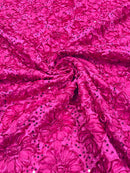 Satin Rosette Sequins Fabric - Fuchsia - 3D Rosette Satin Rose Fabric with Sequins By Yard