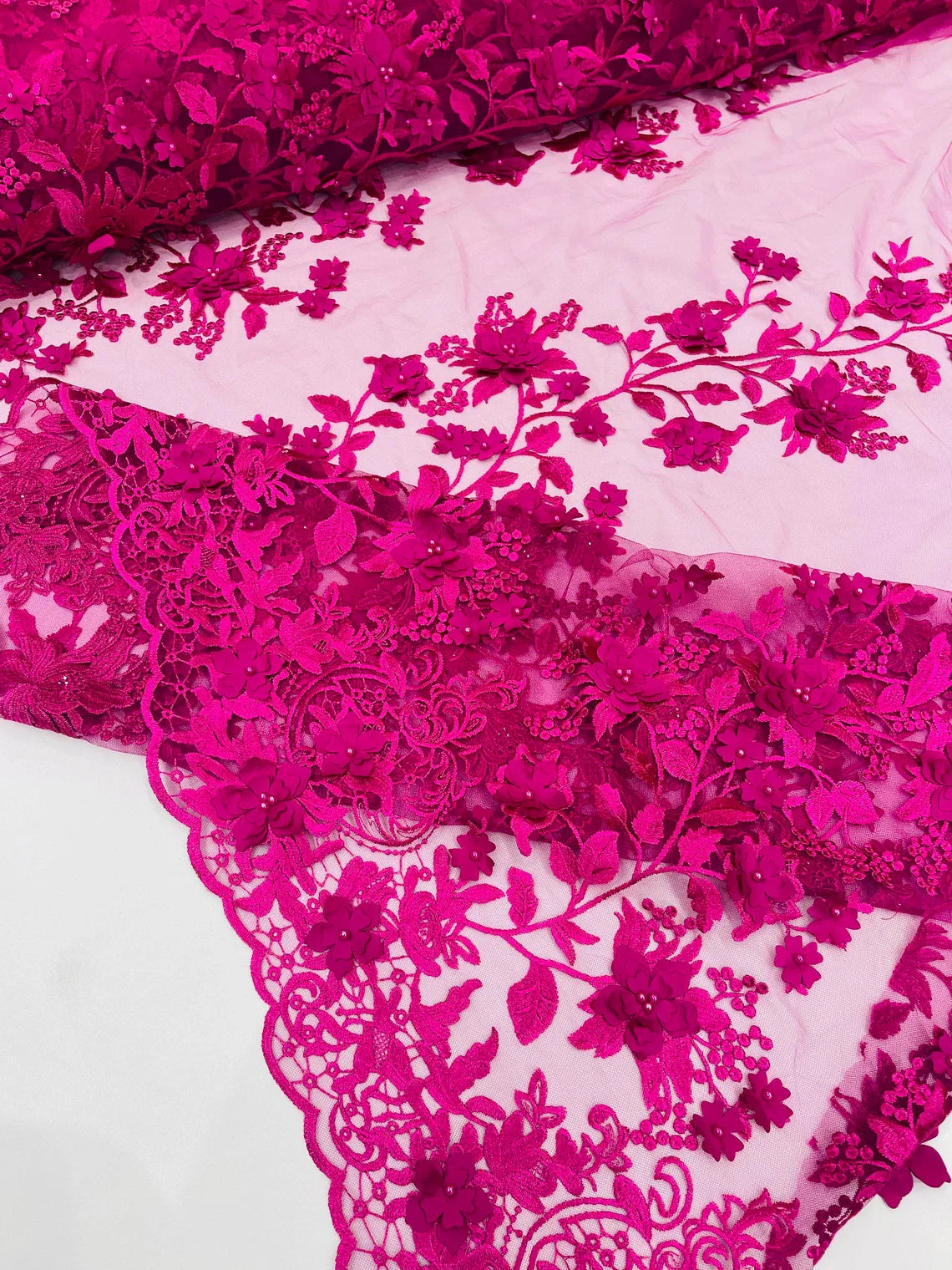 Flower 3D Fabric - Fuchsia - Embroided Fabric Flower Pearls and Leaf Decor Sold by The Yard