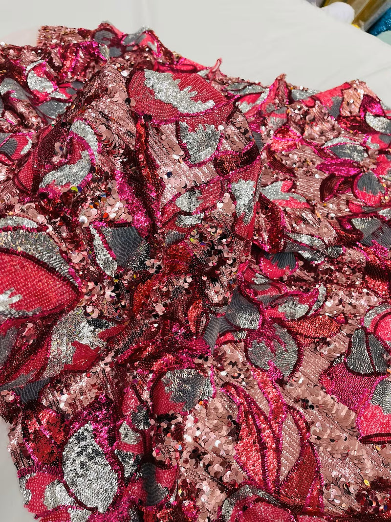 Orchid Design Sequins - Fuchsia - 4 Way Stretch Full Sequins Floral Design Mesh Fabric By Yard