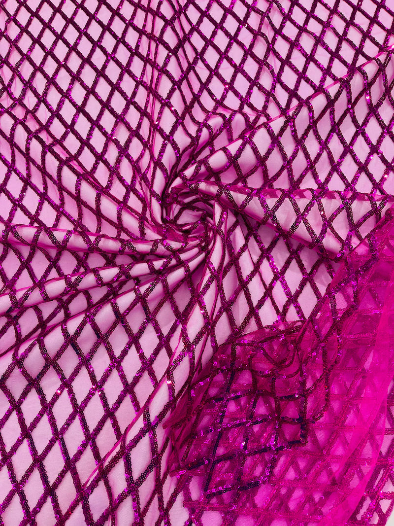 Diamond Sequins Fabric - Fuchsia - Diamond Geometric Net Design on Mesh Lace Fabric By Yard