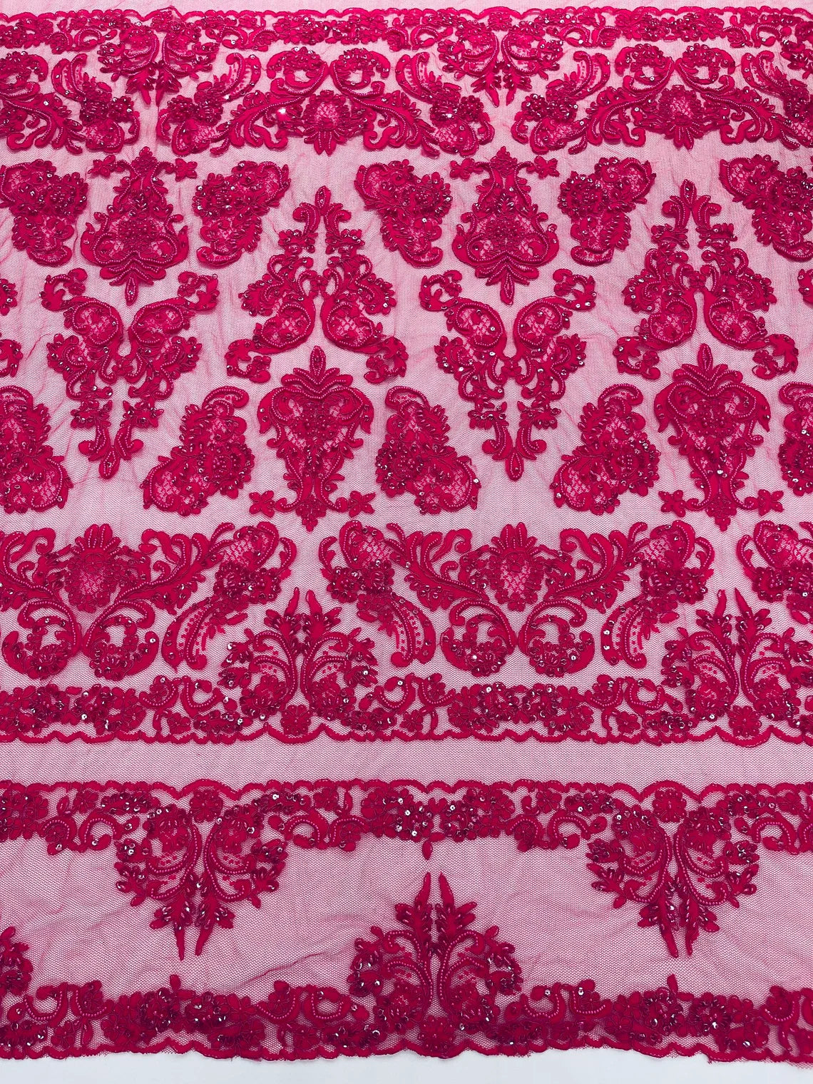 Beaded My Lady Damask Design - Fuchsia - Beaded Fancy Damask Embroidered Fabric By Yard