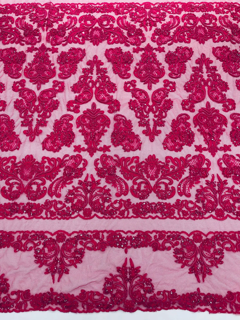 Beaded My Lady Damask Design - Fuchsia - Beaded Fancy Damask Embroidered Fabric By Yard