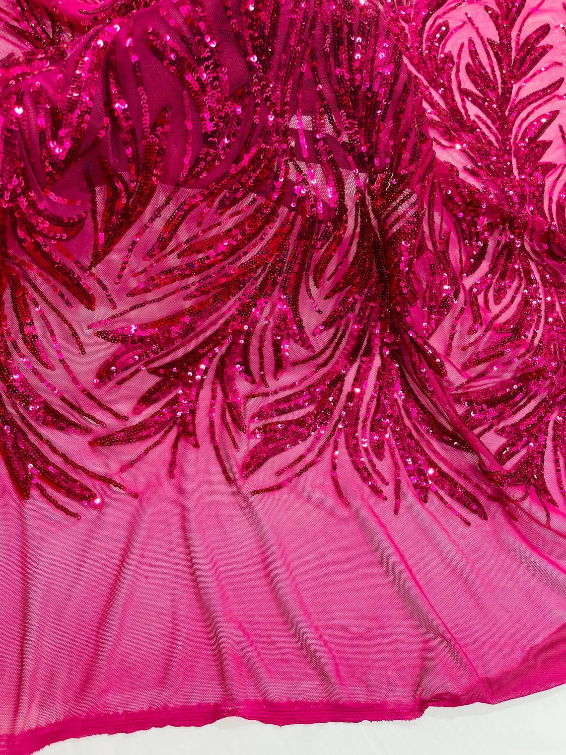 Leaf Design Stretch Sequins - Fuchsia - 4 Way Stretch Lace Mesh Sequins Fabric by Yard