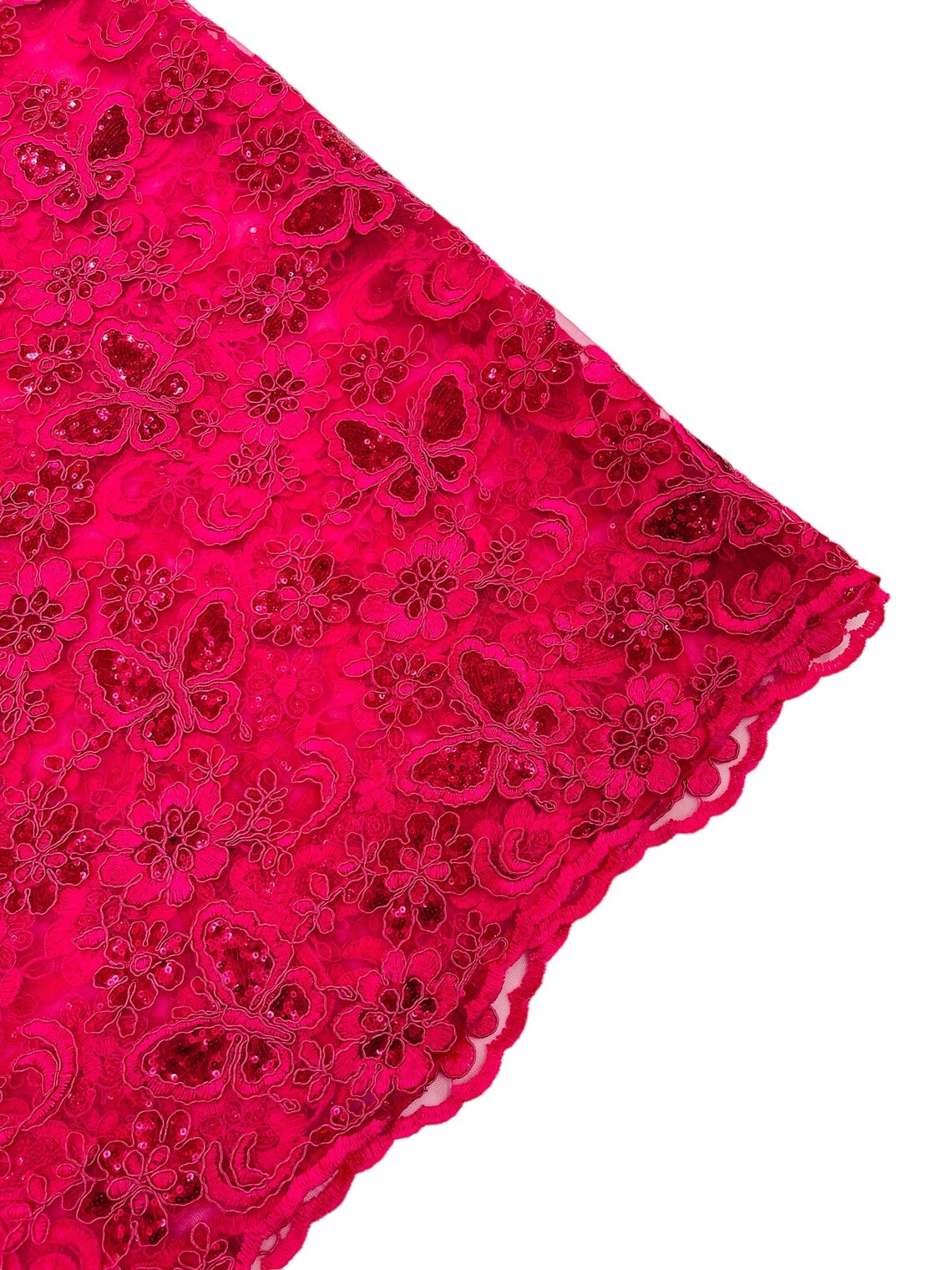 Butterfly Sequins Fabric - Fuchsia - Metallic Floral Butterfly Design on Lace Fabric By Yard