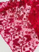 Butterfly Swirl Lace Fabric - Fuchsia - Metallic Sequins Design on Lace Fabric By Yard