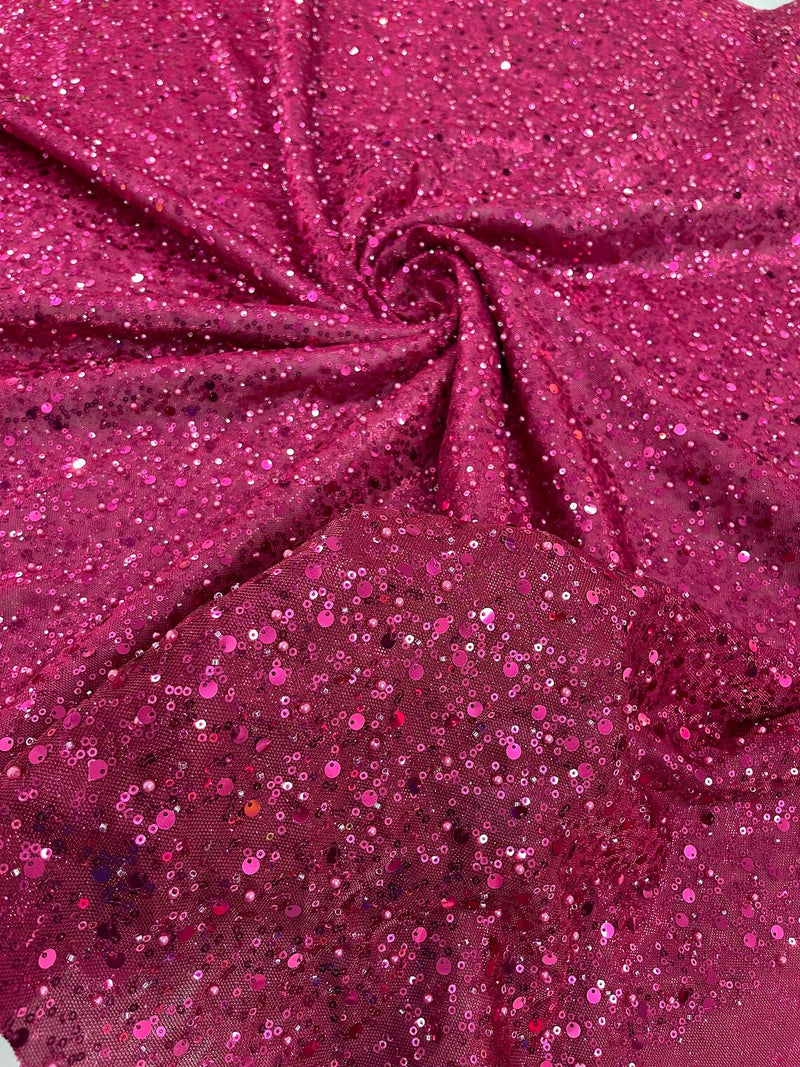 Shimmer Glitter Bead Fabric - Fuchsia - Sparkle Stretch Sequins Bead Shiny Glitter Fabric By Yard
