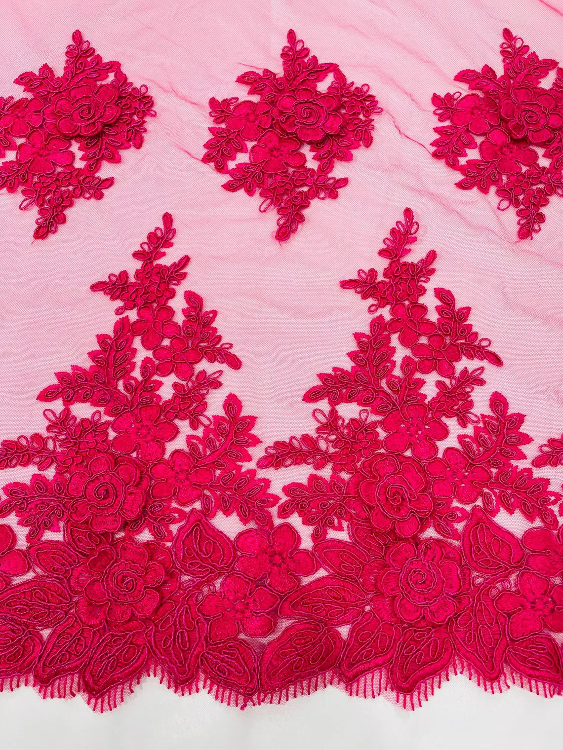 Corded Floral 3D Fabric - Fuchsia - Embroidered Floral Design on Lace Mesh Fabric by Yard