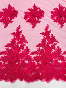 Corded Floral 3D Fabric - Fuchsia - Embroidered Floral Design on Lace Mesh Fabric by Yard