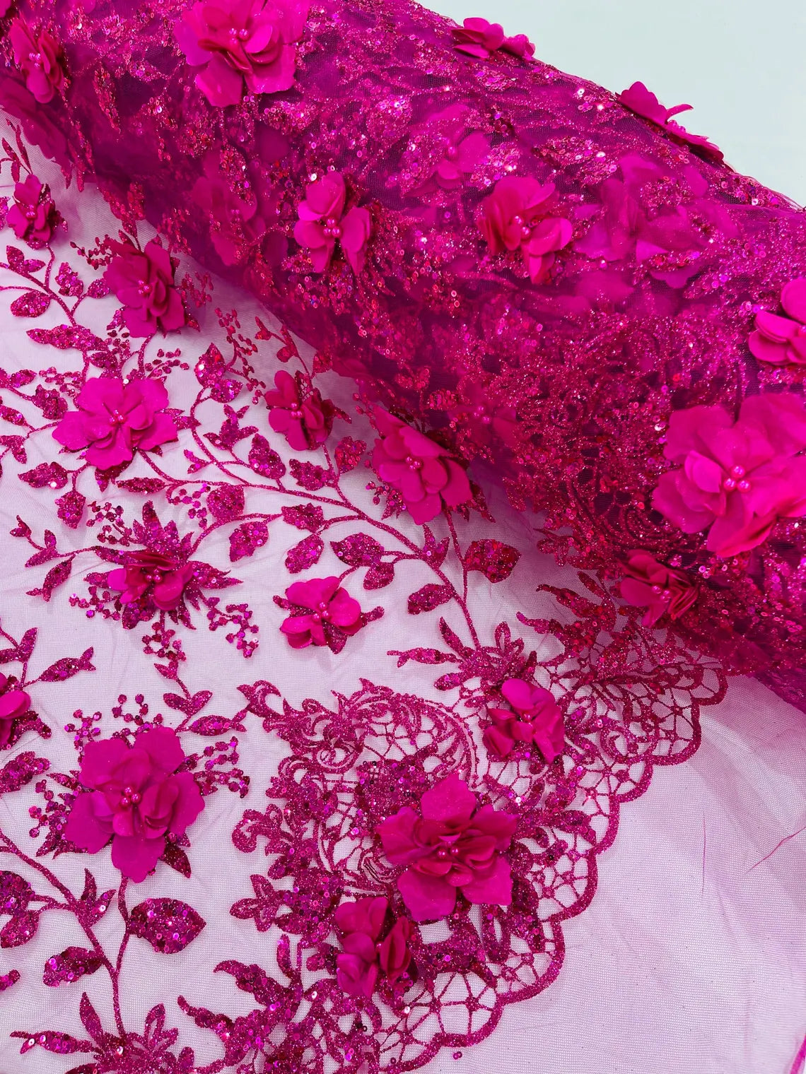 3D Big Flower Glitter Fabric - Fuchsia - Floral Glitter Sequin Design on Lace Mesh Fabric by Yard