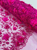 3D Big Flower Glitter Fabric - Fuchsia - Floral Glitter Sequin Design on Lace Mesh Fabric by Yard