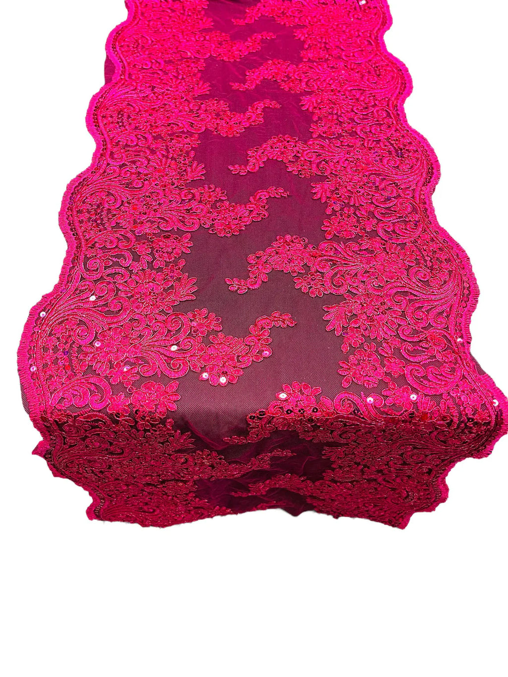 14" Metallic Floral Design Lace Table Runner - Fuchsia - Event Table Decor Runner Sold By Yard