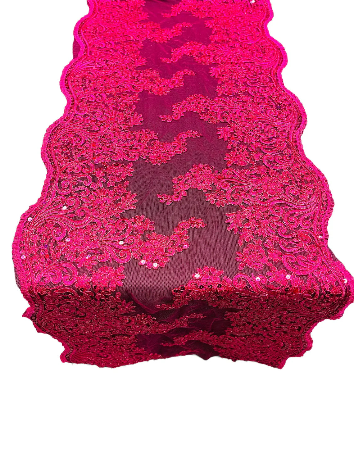 14" Metallic Floral Design Lace Table Runner - Fuchsia - Event Table Decor Runner Sold By Yard