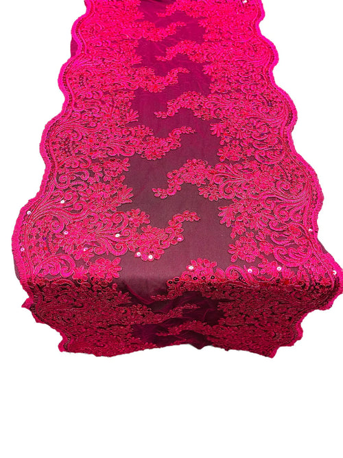 14" Metallic Floral Design Lace Table Runner - Fuchsia - Event Table Decor Runner Sold By Yard