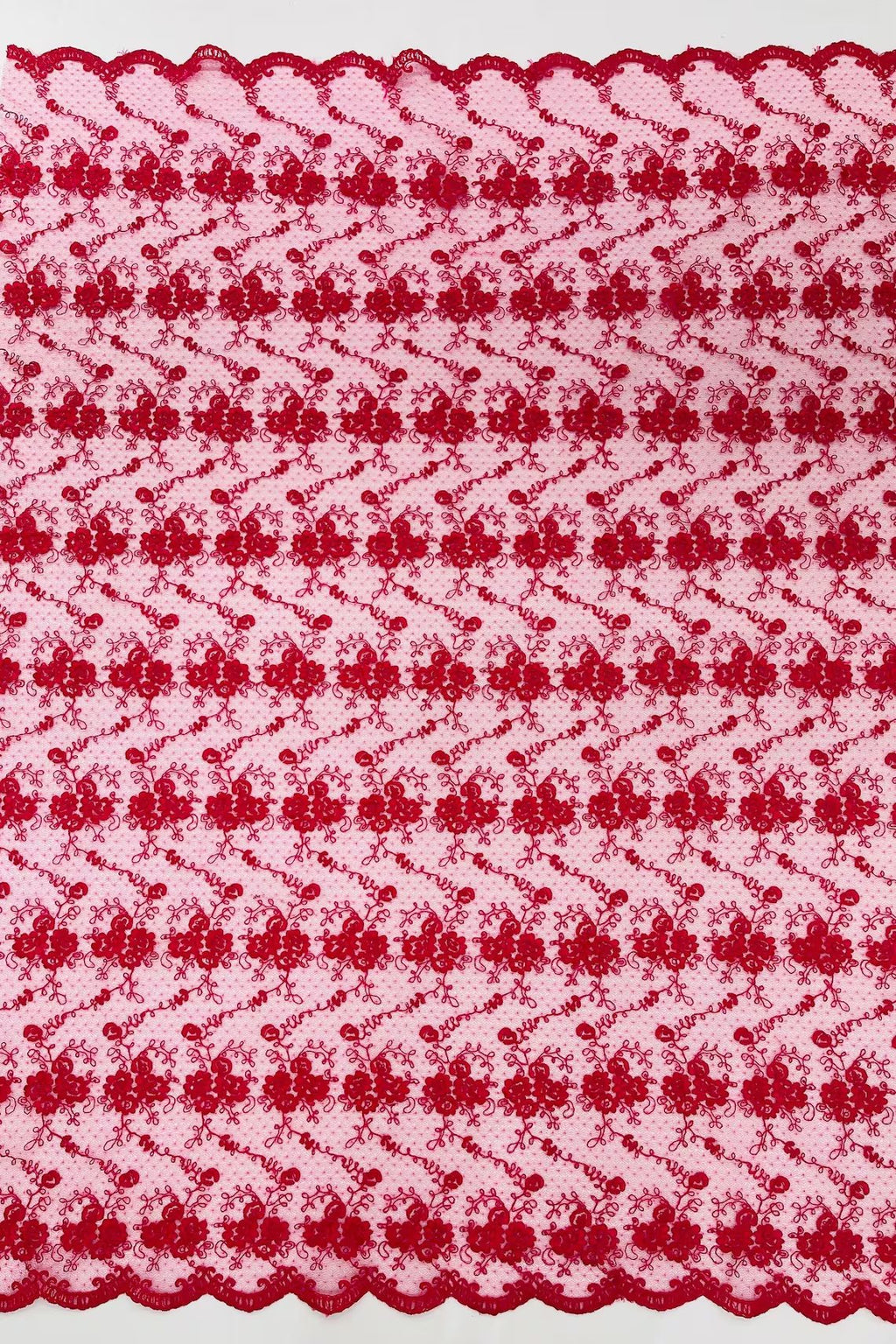 Embroidered Flower Fabric - Fuchsia - Floral Design Scalloped Border Fabric By Yard