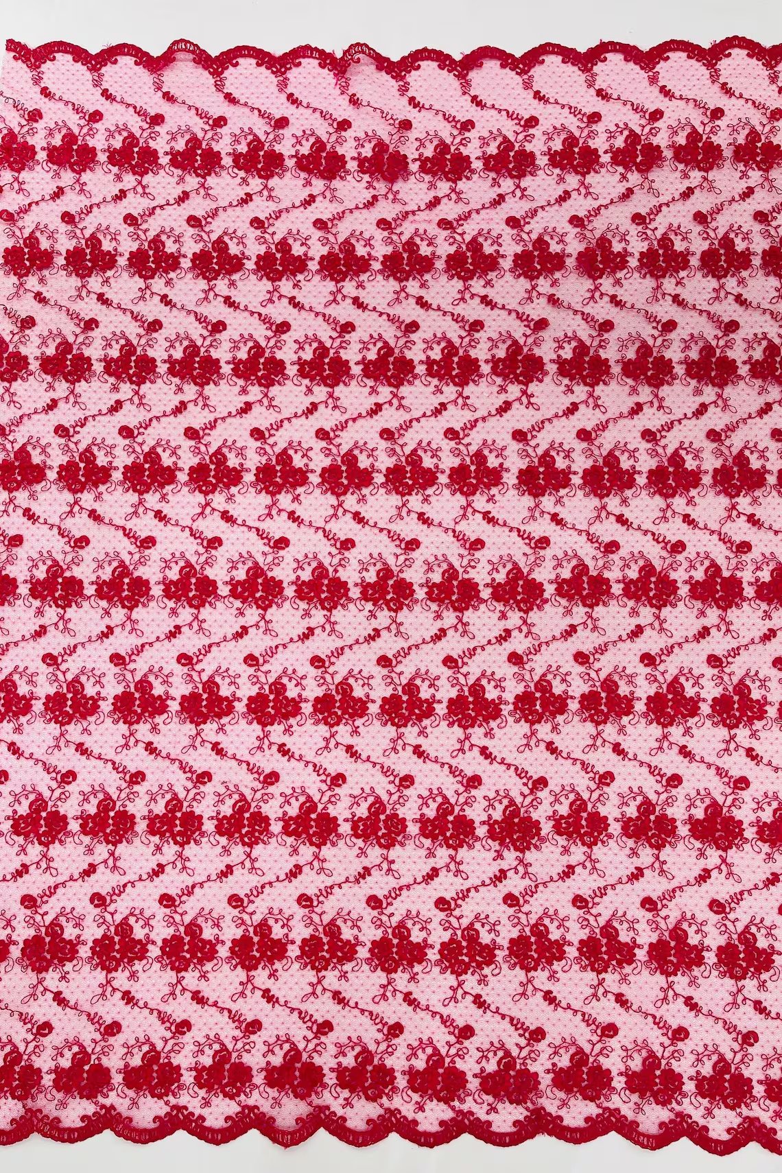 Embroidered Flower Fabric - Fuchsia - Floral Design Scalloped Border Fabric By Yard