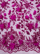 3D Flower Glitter Fabric - Fuchsia - Floral Glitter Sequin Design on Lace Mesh Fabric by Yard