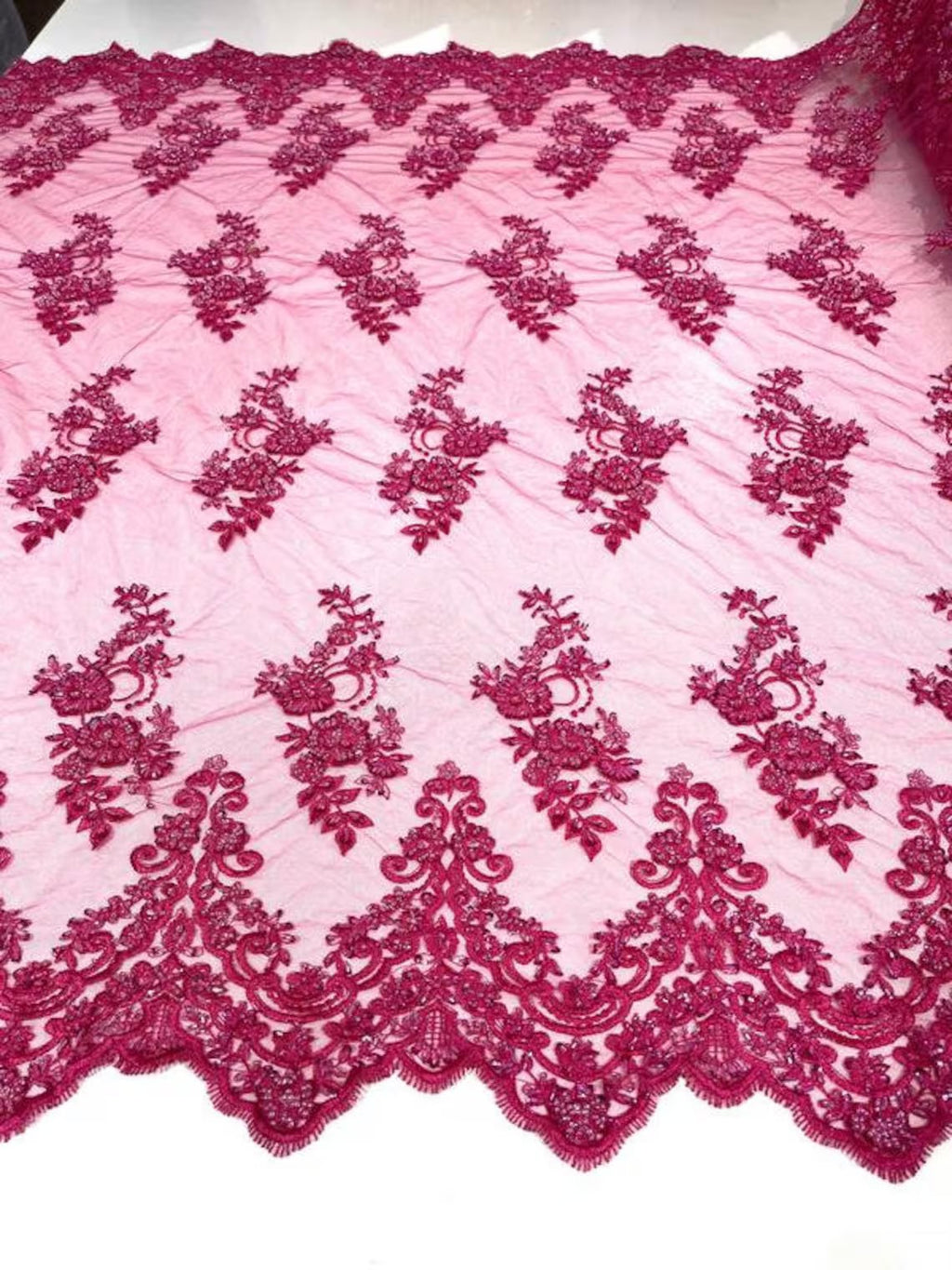 Beaded Floral Fabric - Fuchsia - Embroidered Flower Cluster Beaded Fabric Sold By Yard