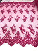 Beaded Floral Fabric - Fuchsia - Embroidered Flower Cluster Beaded Fabric Sold By Yard