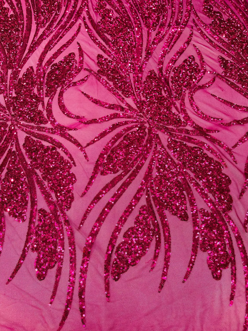 Wavy Leaf Sequins Fabric - Fuchsia - Wavy Lines and Leaves Design on Lace Mesh Fabric by Yard