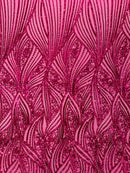 Curvy Line Design Fabric - Fuchsia - 4 Way Stretch Sequins Design Mesh Lace Fabric by Yard