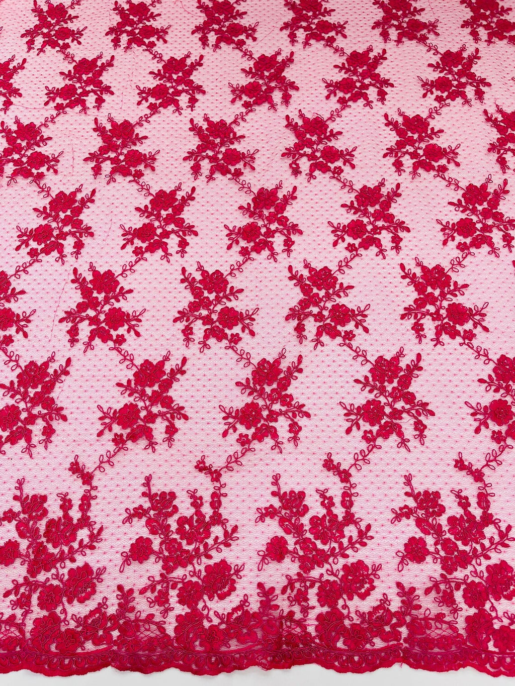 Embroidered Corded Lace Fabric - Fuchsia - Cluster Fancy Flower Embroidered Lace Fabric By Yard